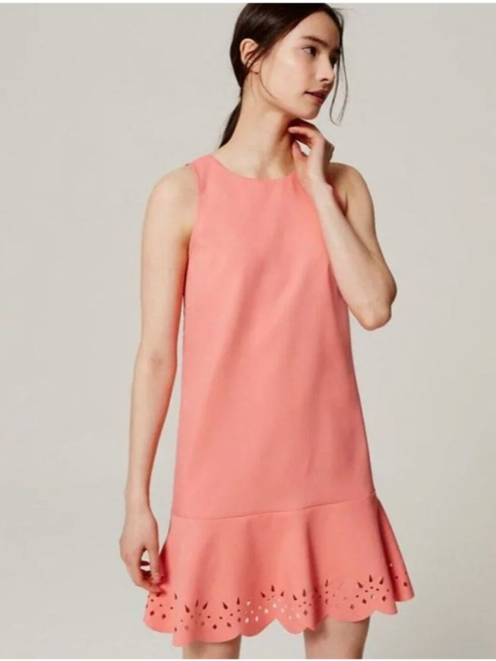 LOFT Coral Sleeveless Laser Cut Scalloped Flounce Hem Dress Size 6P Petite Party